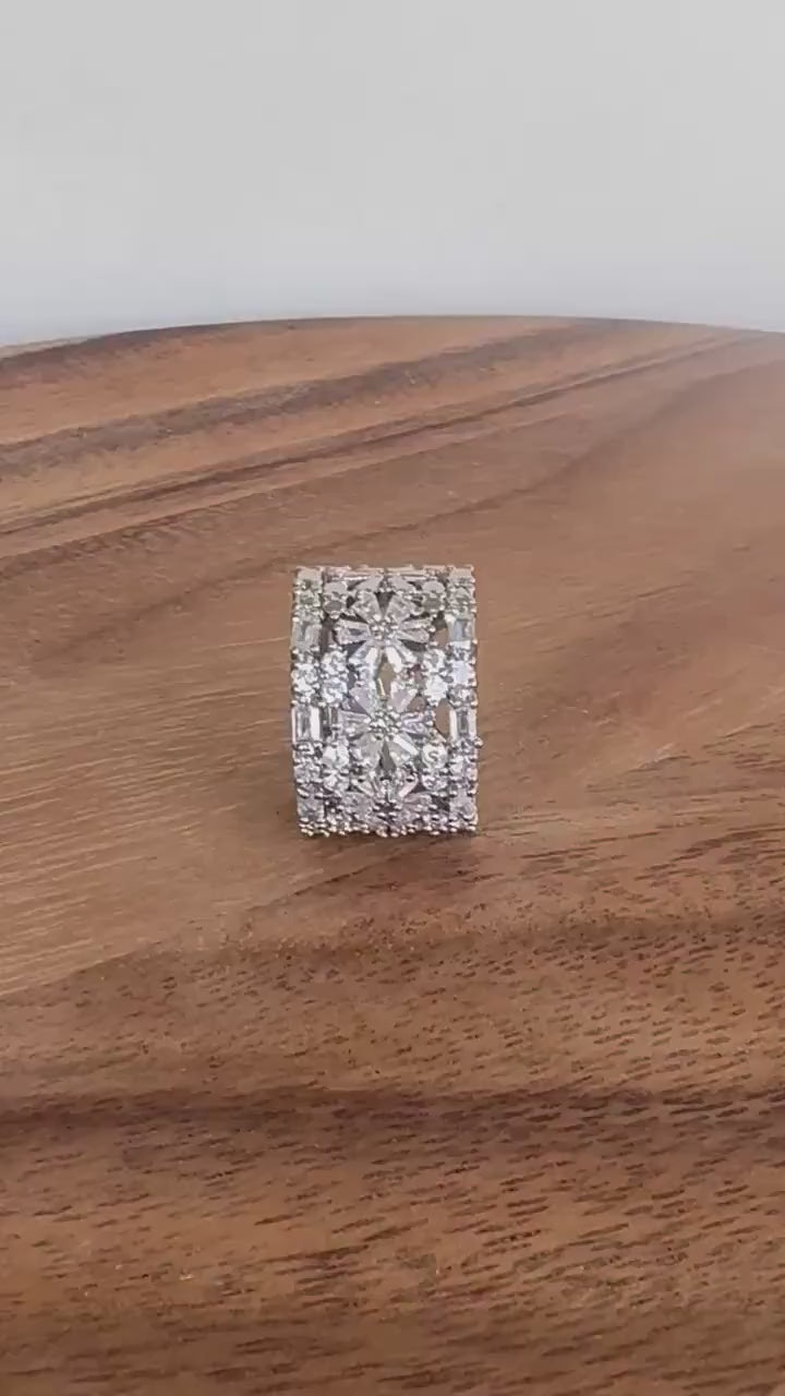 Wide Silver Band Ring with Zircon and Flower Detail