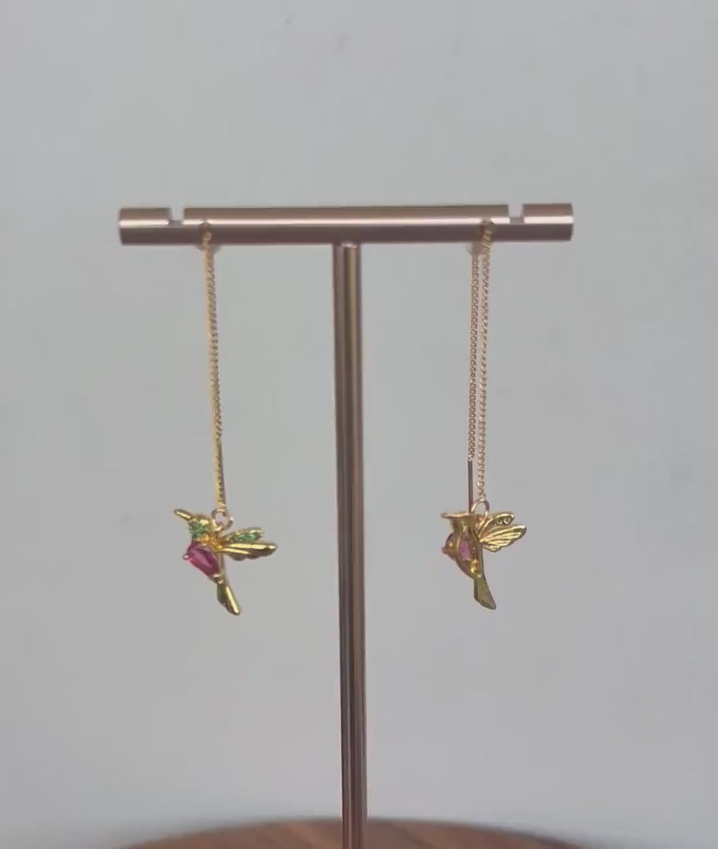 Hummingbird Crystal Threader Earrings, Pink and Green