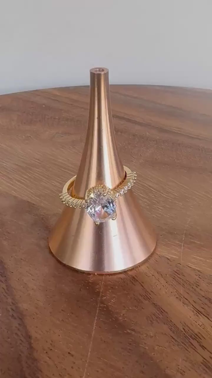 Gold Oval Zircon Solitaire Pave Shoulders Ring