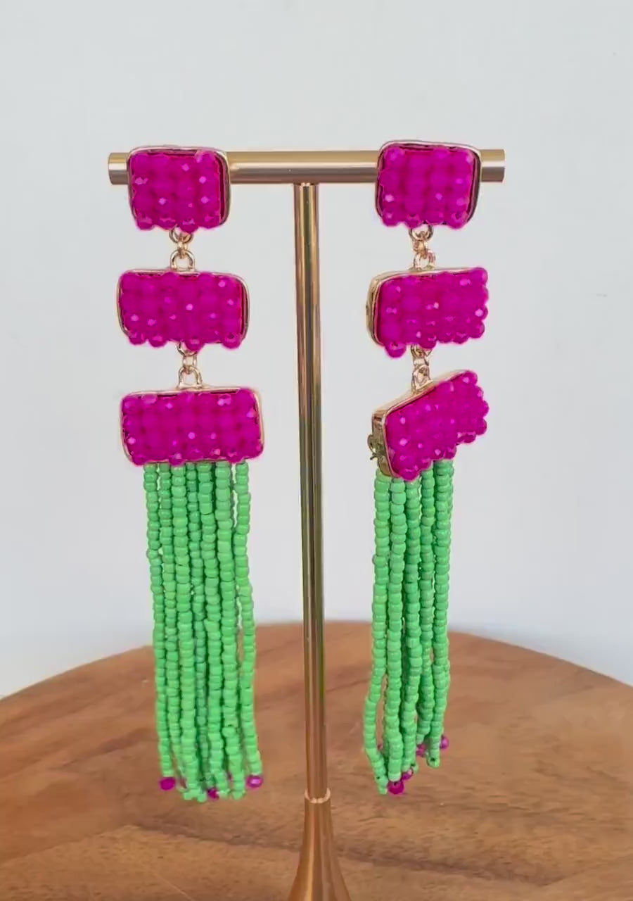 Fuchsia and Green Crystal Fringe Drop Earrings