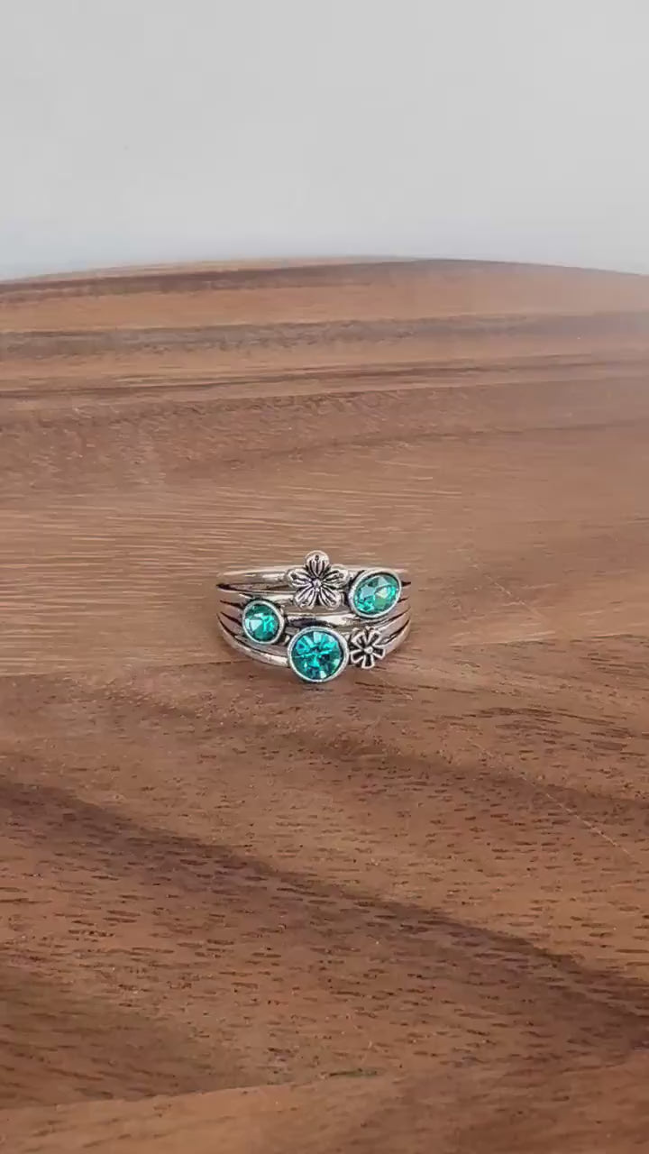 Silver Stacking Ring Blue Crystals and Flower Charm